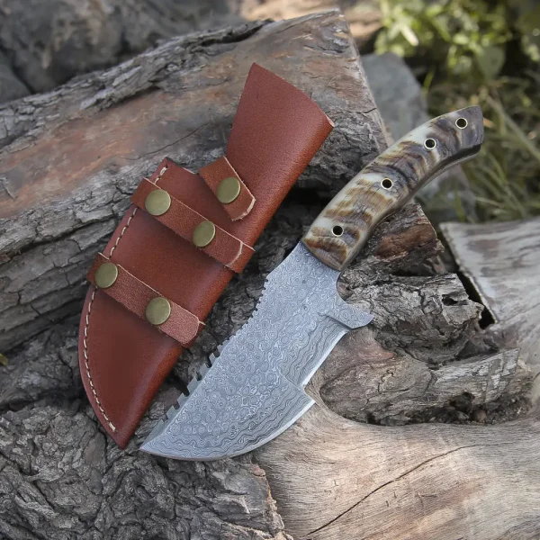 10”Custom Hand Made Forged Damascus Steel Tracker Hunting Camping Knife With Ram Horn Handle