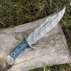 15" Handmade Damascus Steel Bowie Knife- Full Tang - Colored Wood Handle