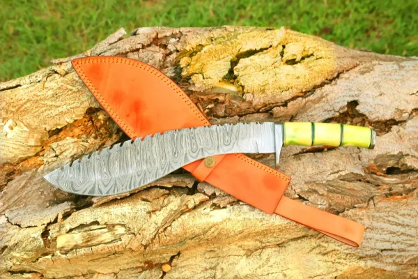 22" Custom Handmade Forged Damascus Steel Survival Hunting Bushcraft Kukri Knife EDC With Camel Bone Handle - Image 2