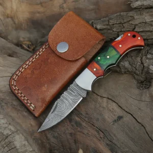 6.5" Handmade Damascus Pocket Knife - Folding Pocket Knife - Color Wood Handle