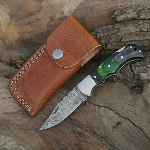 Handmade Damascus Pocket Knife - Folding Pocket Knife - Color Wood Handle