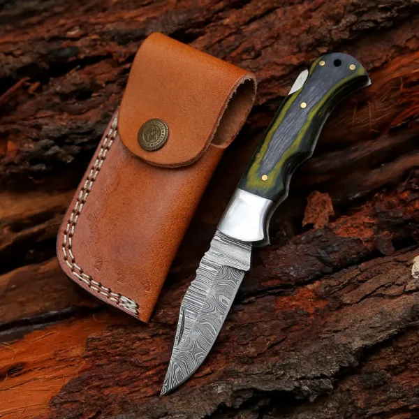 6.5" Handmade Damascus Pocket Knife - Folding Pocket Knife - Green Wood Handle