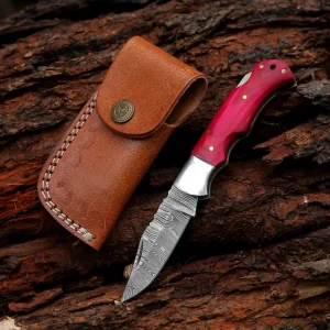 6.5" Handmade Damascus Pocket Knife - Folding Pocket Knife - Red Wood Handle