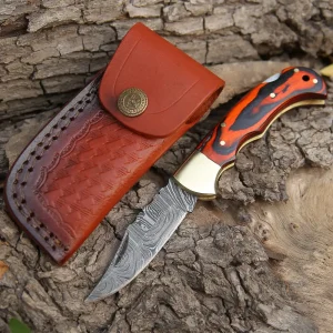 Handmade Damascus Pocket Knife - Folding Pocket Knife - Stained Wood Handle WH 5028