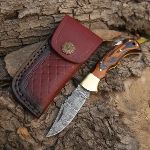 6.5" Handmade Damascus Pocket Knife - Folding Pocket Knife - Stained Wood Handle WH 5029