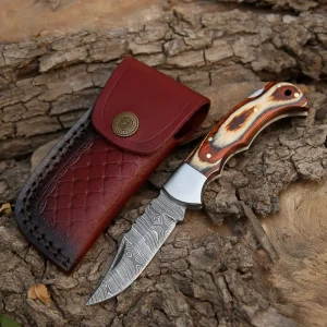 Handmade Damascus Pocket Knife - Folding Pocket Knife - Stained Wood Handle