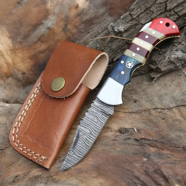 Handmade Damascus Pocket Knife - Folding Pocket Knife - Texas Flag Handle