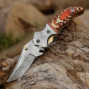 7" Handmade Forged Damascus Pocket Folding Knife - Orange Pakka Wood Handle - Damascus Bolster WH 3533