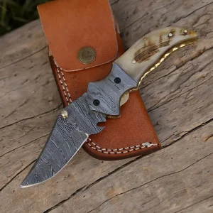 7" Handmade Forged Damascus Pocket Folding Knife - Ram Horn Handle - Damascus Bolster