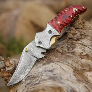 7" Handmade Forged Damascus Pocket Folding Knife - Red Pakka Wood Handle - Damascus Bolster WH 3534