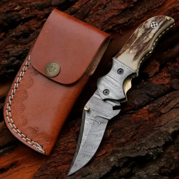 7" Handmade Forged Damascus Pocket Folding Knife - Stag Antler Handle - Damascus Bolster