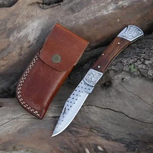 9" Handmade Engraved Bolster Pocket Knife - Pocket Folding Knife - Dark Wood Handle