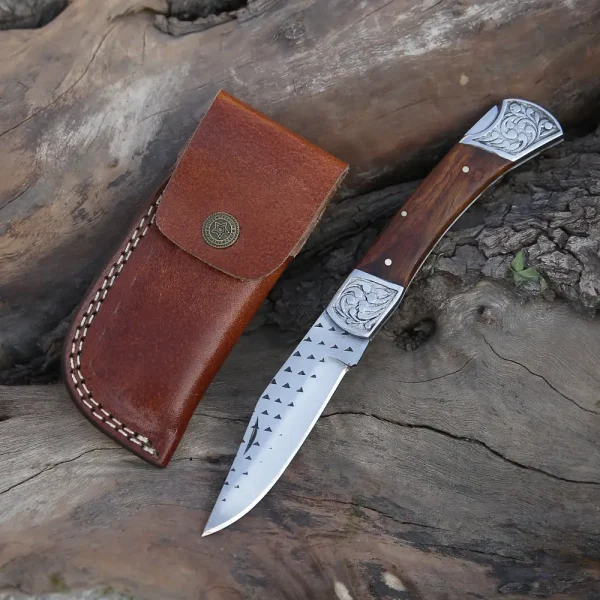 9" Handmade Engraved Bolster Pocket Knife - Pocket Folding Knife - Dark Wood Handle