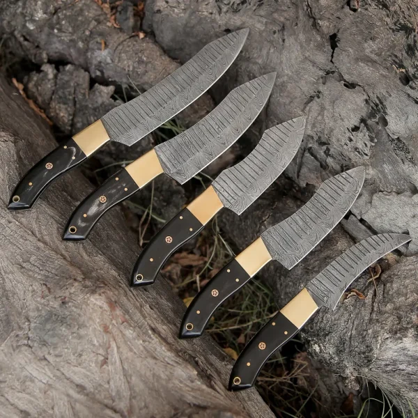 custom-hand-forged-damascus-chef-knife-set-brass-bolster-bull-horn-handle