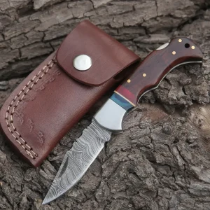 Custom Hand Forged Damascus Folding Pocket Knife With Wood Handle & Back Lock