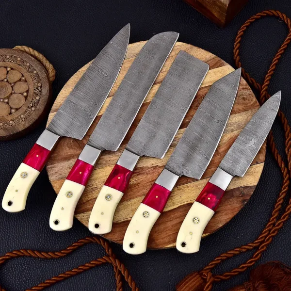 custom-hand-made-forged-damascus-chef-knife-set-steel-bolster-with-bone-stained-wood-handle