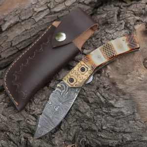 Custom Handmade Damascus Steel Folding Blade Pocket Knife With Engraved Camel Bone Handle