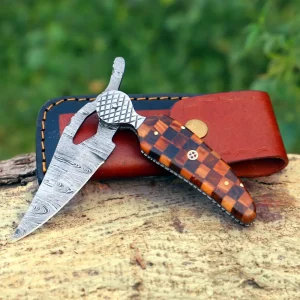 Custom Handmade Damascus Steel Hunting Folding Knife With Engraved Bolster & Wood Handle Come