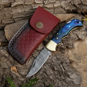 Custom Handmade Damascus Steel Pocket Folding Knife Stained Wood Handle