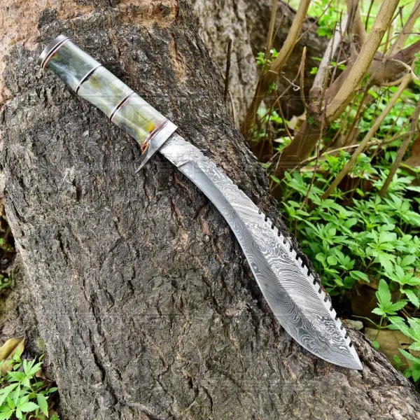 Custom Handmade Forged Damascus Steel Survival Hunting Bushcraft Kukri Knife EDC 12” With Camel Bone Handle - Image 2