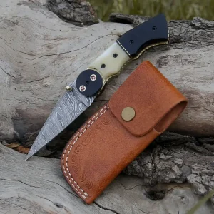 Damascus Steel Folding Pocket Knife - 8" Handmade Gift Knife with Camel Bone & Resin Handle - Camping Pocket Knife