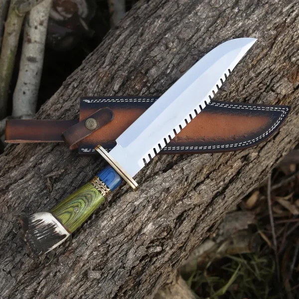 and-forged-d2-bowie-knife-steel-hunting-fix-blade-stag-antler-crown-wood-handle