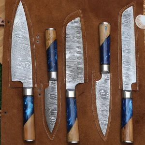 Handmade Chef Set, 5 Piece Damascus Steel Chef Knife Set, Kitchen Knife Set with Leather Cover