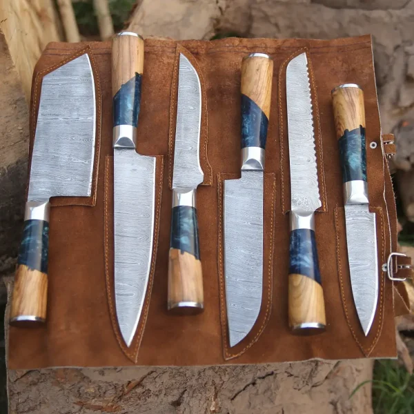 Handmade Damascus Chef Knife Set, 6 Pieces Damascus Steel Chef Knife Set, Kitchen Knife Set with Leather Cover