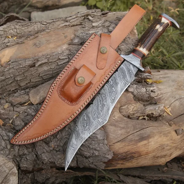 Handmade Damascus Steel Hunting Bowie Fix Blade Knife With Stag Antler Handle