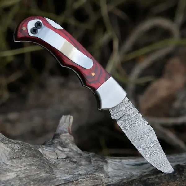 Handmade Damascus Steel Hunting Folding Knife with Pocket Clip - Camping Folding Blade With Wood Handle AR-CP