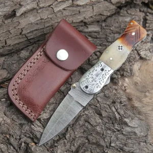 Handmade Damascus Steel Hunting Pocket Knife Camping Folding Blade With Camel Bone Handle