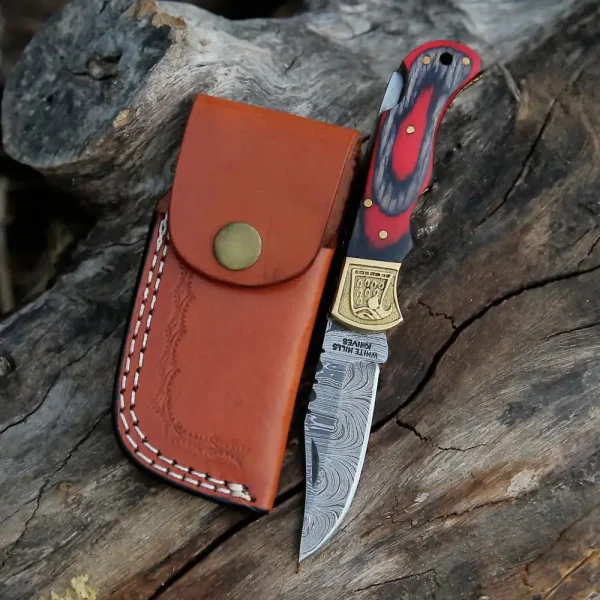 HANDMADE DAMASCUS STEEL POCKET KNIFE - Folding Knife- Stain Wood Handle With Engraved Brass Eagle Bolster WH 5043