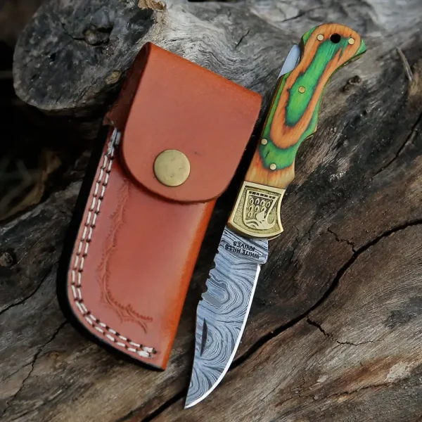 HANDMADE DAMASCUS STEEL POCKET KNIFE - Folding Knife- Stain Wood Handle With Engraved Brass Eagle Bolster WH 5044