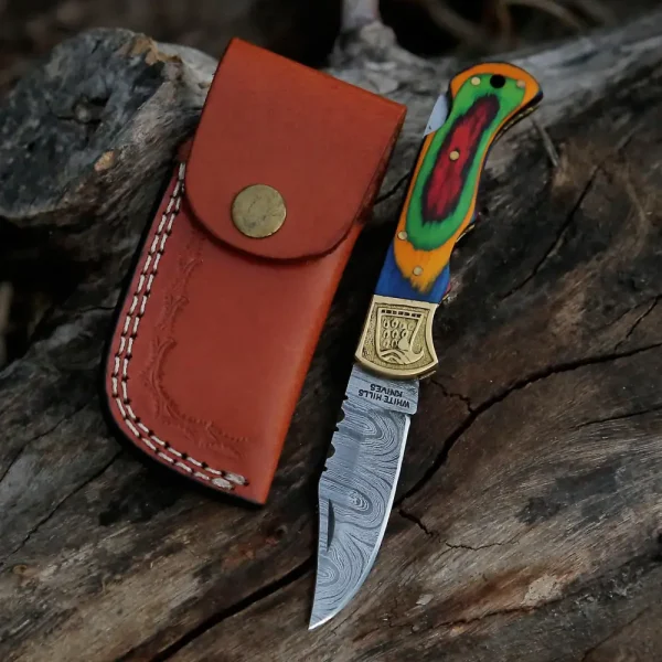 HANDMADE DAMASCUS STEEL POCKET KNIFE - Folding Knife- Stain Wood Handle With Engraved Brass Eagle Bolster WH 5045