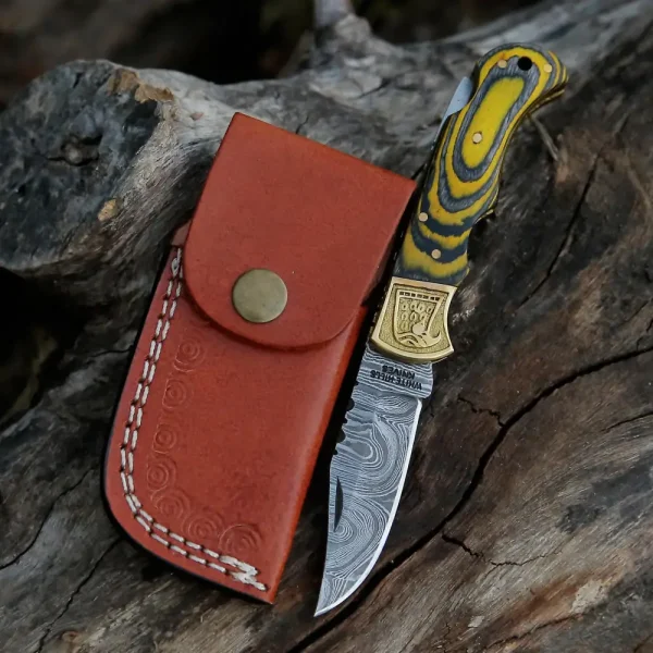 HANDMADE DAMASCUS STEEL POCKET KNIFE - Folding Knife- Stain Wood Handle With Engraved Brass Eagle Bolster WH 5047