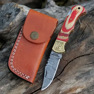 HANDMADE DAMASCUS STEEL POCKET KNIFE - Folding Knife- Stain Wood Handle With Engraved Brass Eagle Bolster WH 5049