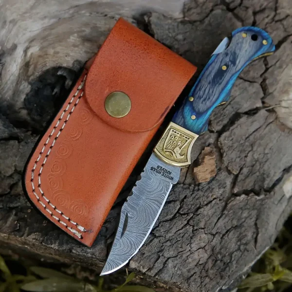 HANDMADE DAMASCUS STEEL POCKET KNIFE - Folding Knife- Stain Wood Handle With Engraved Brass Eagle Bolster