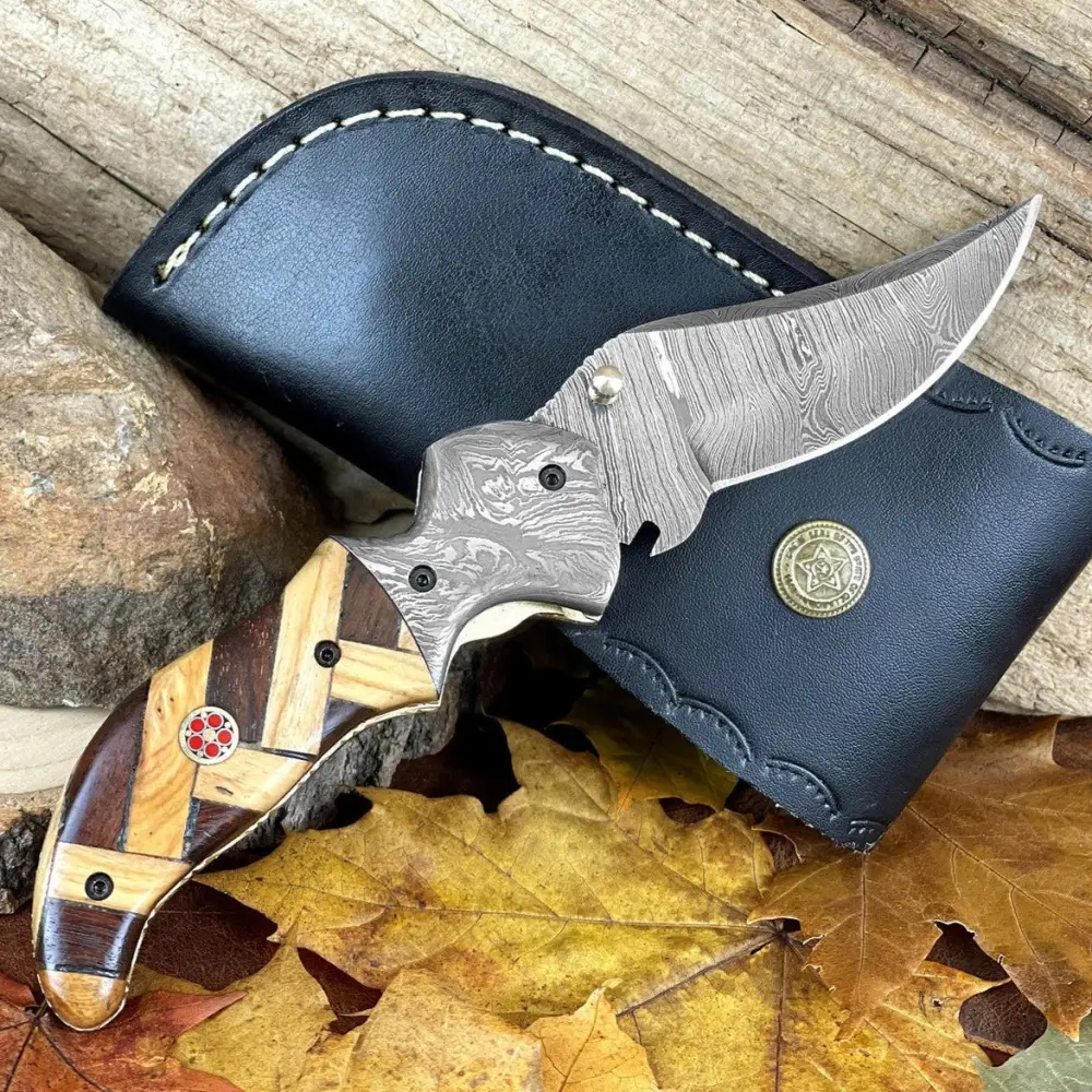 Damascus Steel Folding Pocket Knife - 7.5" Handmade Gift Knife with Olive & Dark Wood Handle