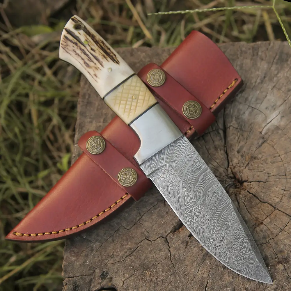 Handmade Forged Damascus Steel Hunting Skinner Knife EDC 9” -V3 With Stag Antler & Engraved Camel Bone Handle